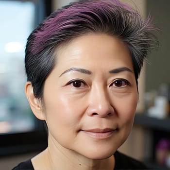 Asian woman with a pink shirt on her head in dark gray and purple tones