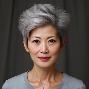 Asian woman with grey hair posing with subtle tonal gradations