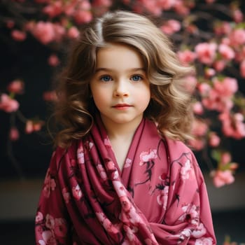 Happy little girl in pink robe surrounded by blooming flowers