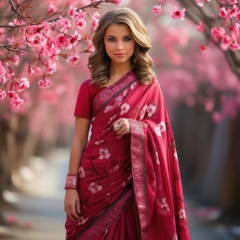 Beautiful girl in red sari posing with cherry blossoms