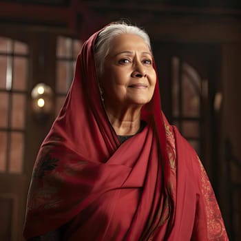 Elegant old woman in a red sari with timeless grace and bold coloration