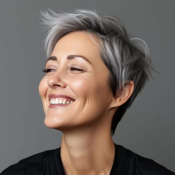 Smiling grey-haired woman with youthful energy in minimalistic style