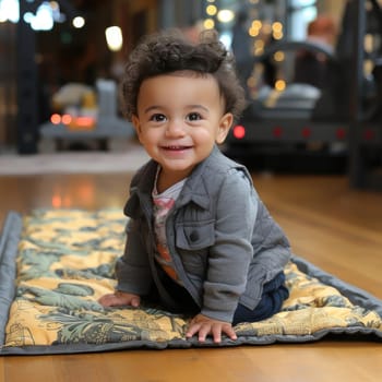 Child smiling on a gym mat with organic patterns