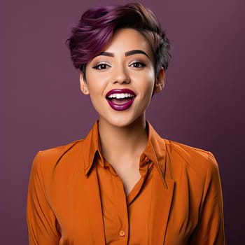 Young woman with short purple hair smiling in bold color combinations style
