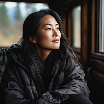 Serene woman looking out the train window in an Asian-inspired style