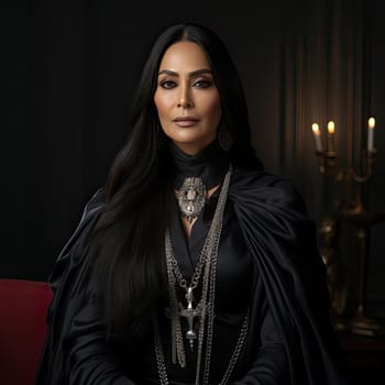 Woman in a black cape sitting under a candle