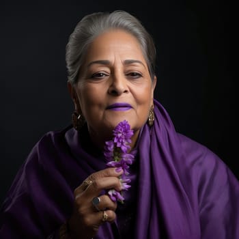Woman with purple flower in purple attire in grandparentcore style