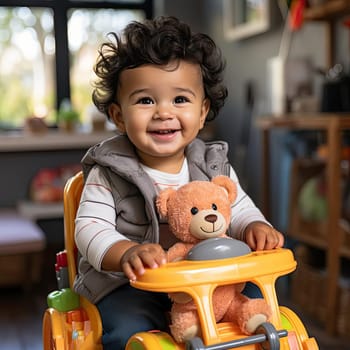 Smiling little boy playing in a toy car with his teddy bear