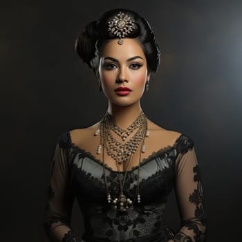 Woman in a dress and intricate headpiece with jewelry
