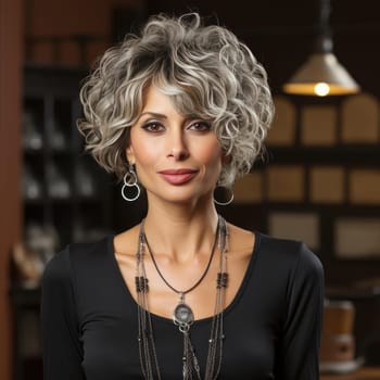 Woman in gray top with black necklace, showcasing ornate detailing
