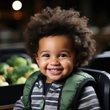 Baby boy smiling in grocery store with vegetables in bold colorism style