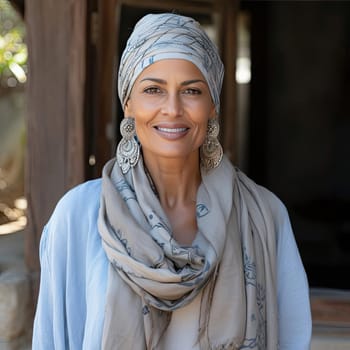 Woman wearing a beige scarf and hat with strong facial expression