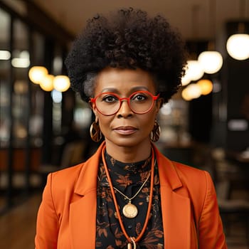 Afro-centric woman in black with orange glasses and suit
