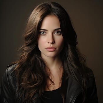 Woman with long brown hair in a leather jacket with distinct facial features