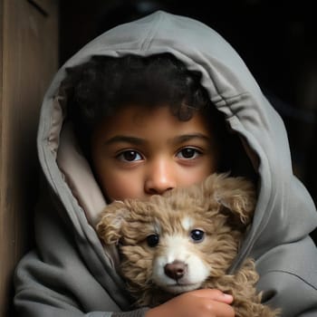 Little boy with brown hair holding a puppy in a moody atmosphere