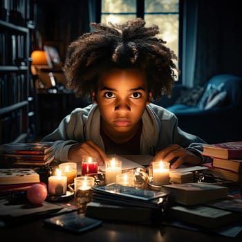 Little child captivated by candles in a dark and enchanting environment