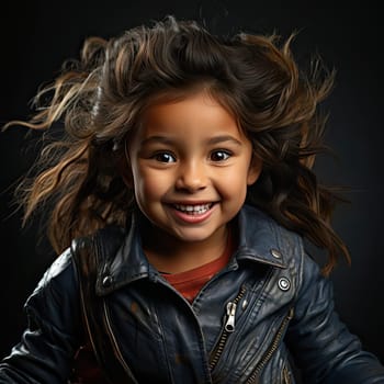 Smiling little girl in a leather jacket with blowing hair