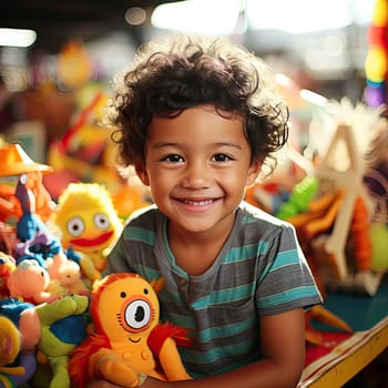 Smiling child holding toys with vibrant colors and playful atmosphere
