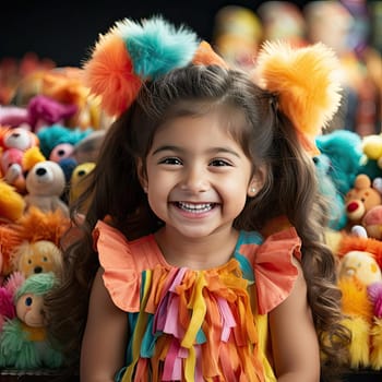 Little girl in colorful dress with adorable toy sculptures and cheerful expressions
