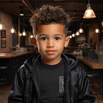 Young boy in black standing in front of a bar with softbox lighting