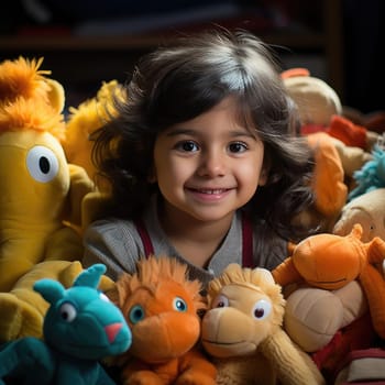 Girl with stuffed animals surrounded by soft lighting and cheerful colors
