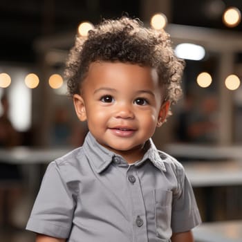 Small boy with black hair in a gray shirt with vibrant colorism