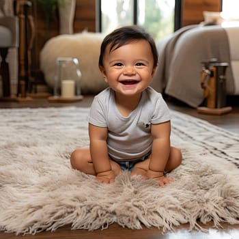 Laughing baby on rug, capturing lively interiors
