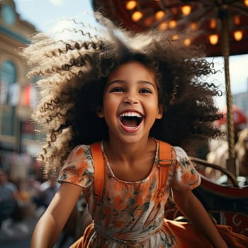 Joyful girl in the vibrant carousel world, her laughter echoes