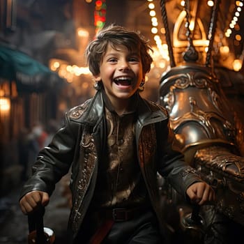 Cute boy in costume on a horse, immersed in a cinematic cityscape