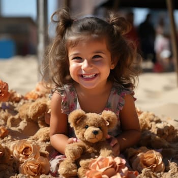 Smiling girl with stuffed animals in a beach portrait