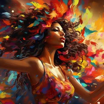 Girl dancing with colorful feathers in a vibrant and energetic portrait