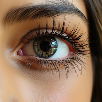Close-up of a woman's brown eye with large eyelashes