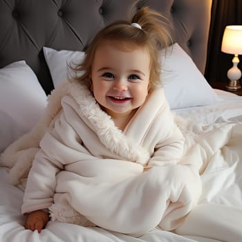 Adorable baby wrapped in a luxurious white blanket
