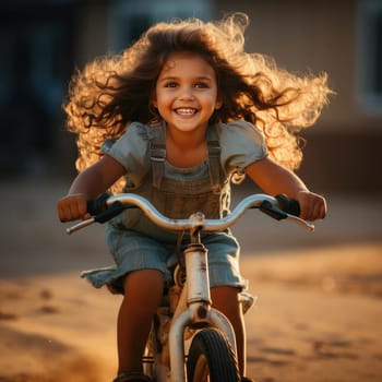 Little girl riding a bike with blowing curls at sunset
