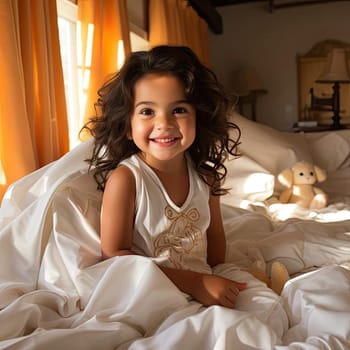 A little girl happily sitting on a white blanket