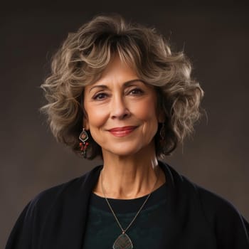 Curly-haired woman with green and gold necklace in a studio portrait