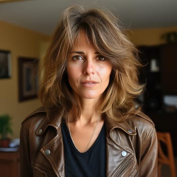 Woman in brown leather jacket with candid portraiture style