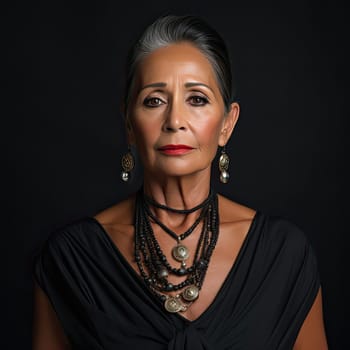 Woman in gray with necklaces and earrings against black background, reminiscent of chicano art