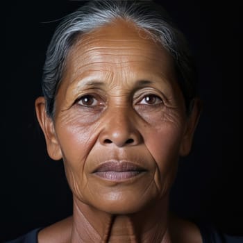 Elderly Asian woman with expressive face against black backdrop
