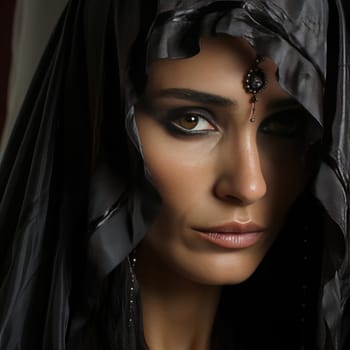 Woman with black veil over head