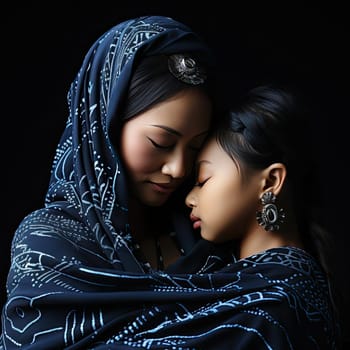 Woman and young girl wrapped together in a dark and intricate style