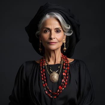Older woman posing in black dress with bright red and orange jewelry