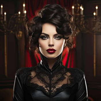 Gothic woman in elegant scene wearing black leather dress and red lipstick