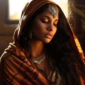 Beautiful woman in traditional clothing and jewelry with intense emotional atmosphere
