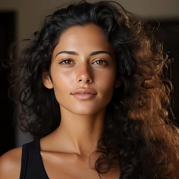 Curly-haired woman with beautiful eyes, juxtaposing light and shadow