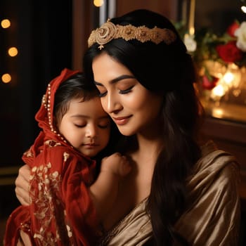 Beautiful woman in traditional attire holding baby wearing a golden crown