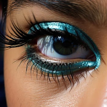 Eye with blue metallic eyes and iridescent makeup