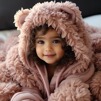 Girl in a pink teddy bear robe with luxurious fabrics and soft forms