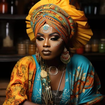 African woman wearing colorful headpiece and jewelry