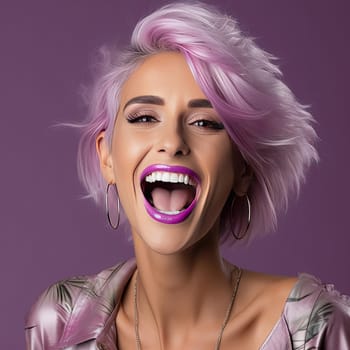 Beautiful woman with purple hair laughing against purple background